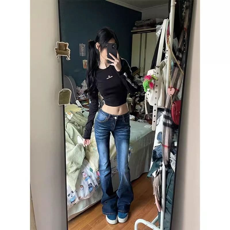 레트로 워싱 데님 나팔 가을 청바지 여성 한국 스타일 슬림해 보이는 핫걸 타이트 하이웨이스트 디자인 바닥 청소 바지 상세 이미지 4