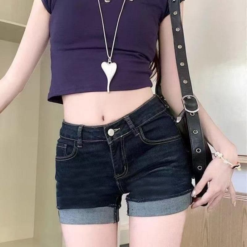 출퇴근 개성 스트레이트 반바지 핫 바지 청바지 여성 봄 여름 슬림해 보이는 디자인 센스 캐주얼 다용도 볼륨 측면 반바지 상세 이미지 3