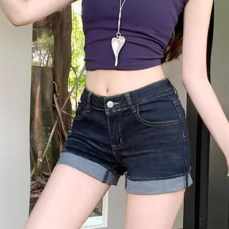 출퇴근 개성 스트레이트 반바지 핫 바지 청바지 여성 봄 여름 슬림해 보이는 디자인 센스 캐주얼 다용도 볼륨 측면 반바지 상세 이미지 4