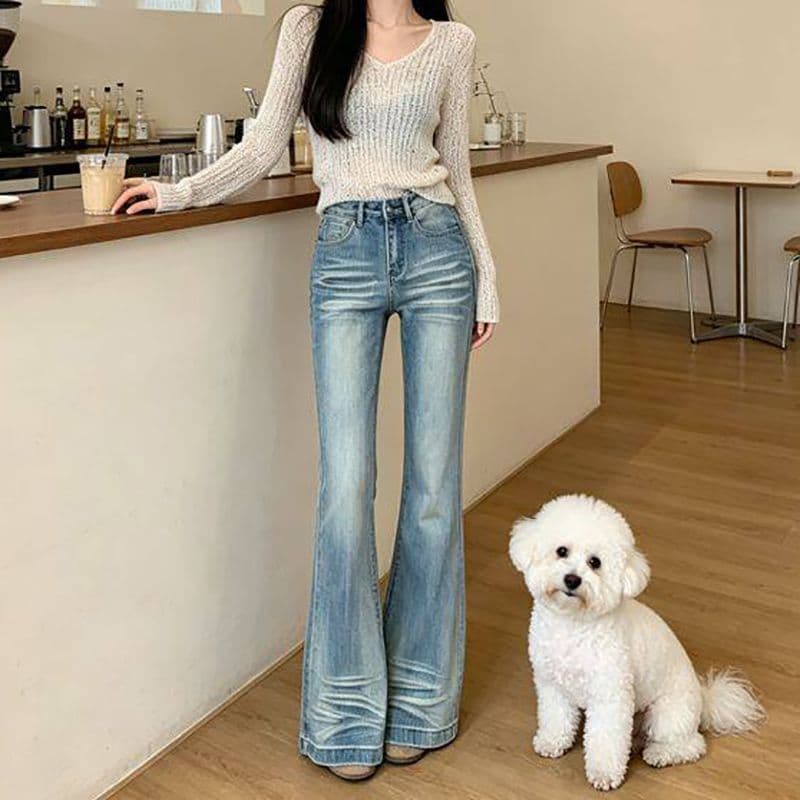 웃음 하 워싱 마이크로 나팔 청바지 여성 봄 가을 새로운 슬림해 보이는 디스플레이 높음 패션 핫걸 나팔 데님 바지 이미지 4