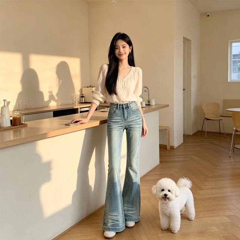 웃음 하 워싱 마이크로 나팔 청바지 여성 봄 가을 새로운 슬림해 보이는 디스플레이 높음 패션 핫걸 나팔 데님 바지 상세 이미지 9