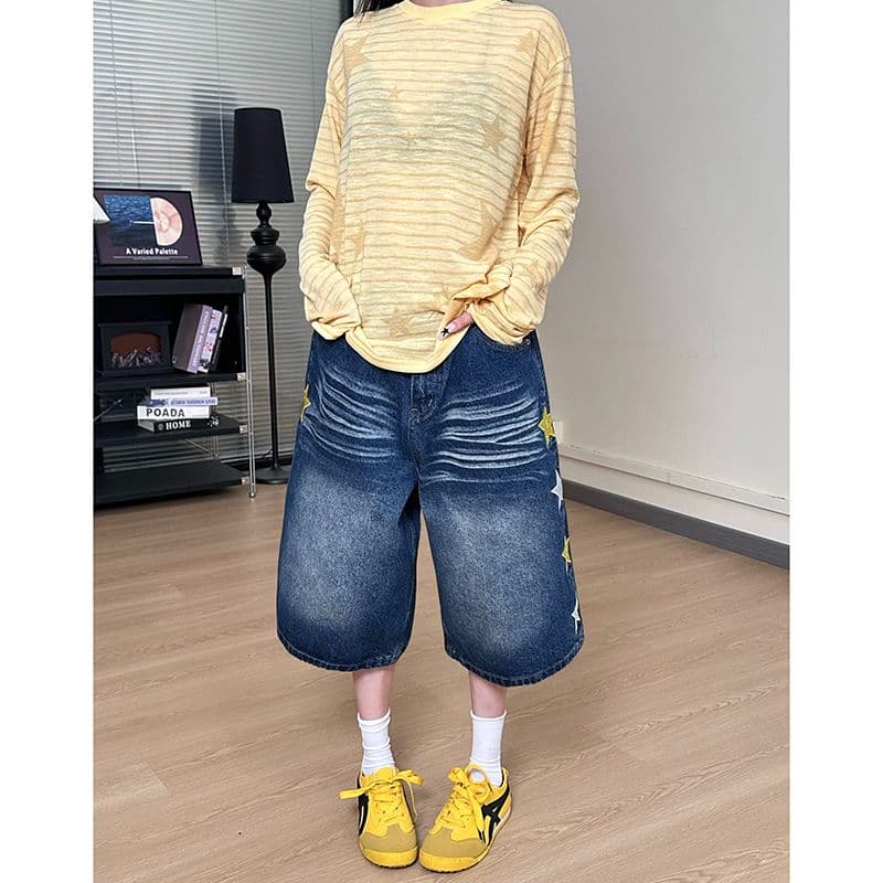 중성 학원 스타일 개성 데님 7부 바지 여성 봄 여름 새로운 워싱 다용도 루즈핏 넓은 다리 청바지 트렌디 이미지 3