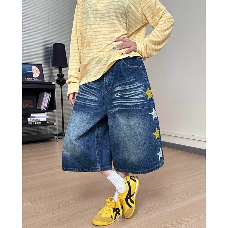 중성 학원 스타일 개성 데님 7부 바지 여성 봄 여름 새로운 워싱 다용도 루즈핏 넓은 다리 청바지 트렌디 이미지 2
