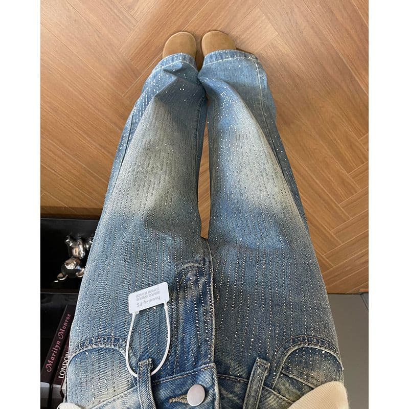 작은 대중 높음 거리 벨트 훈련 다이아몬드 세팅 스트레이트 청바지 여성 봄과 가을 새로운 패션 루즈핏 바닥 청소 청바지 이미지 3