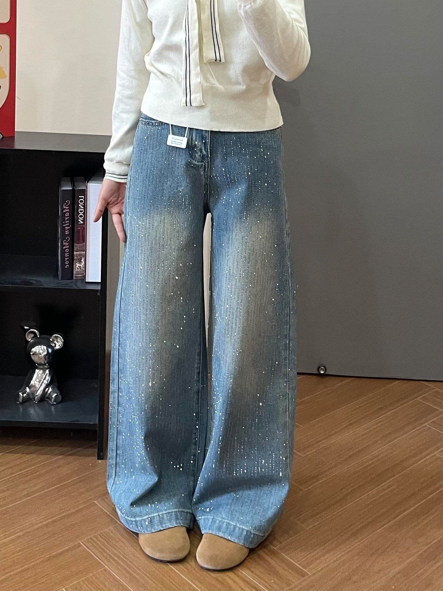 작은 대중 높음 거리 벨트 훈련 다이아몬드 세팅 스트레이트 청바지 여성 봄과 가을 새로운 패션 루즈핏 바닥 청소 청바지 상세 이미지 7