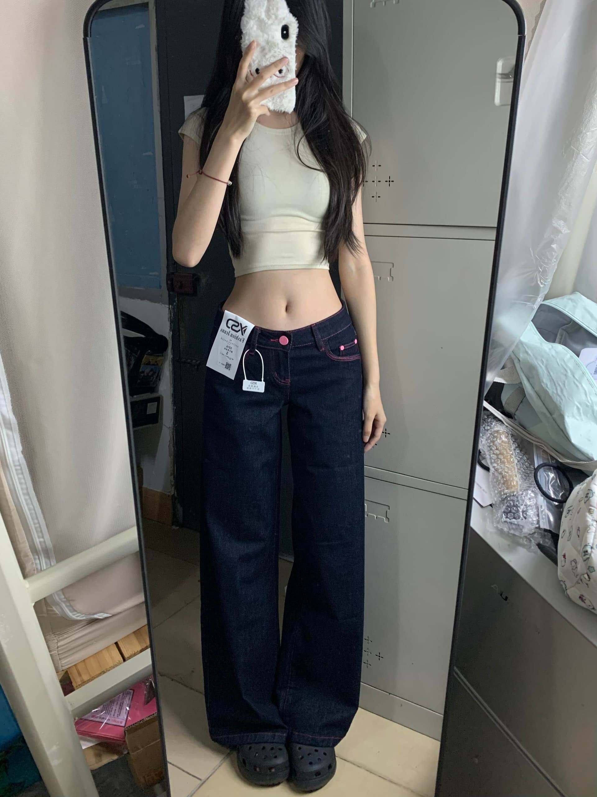 레트로 배색 넓은 다리 청바지 여성 2026 여름 새로운 디자인 핫걸 로우 웨이스트 루즈핏 도루 센스 다용도 긴 바지 상세 이미지 3
