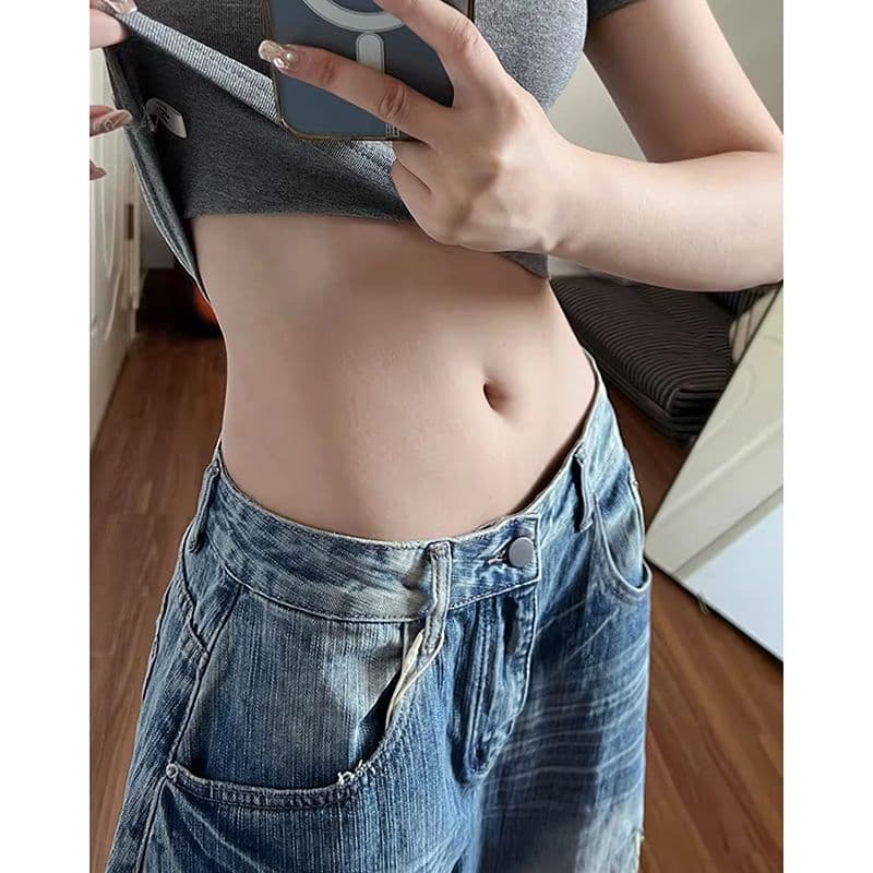 트렌드 거리 워싱 찢어진 부분 모통이 칼 청바지 바지 아이들 봄 가을 새로운 루즈핏 넓은 다리 바닥 청소 청바지 이미지 3