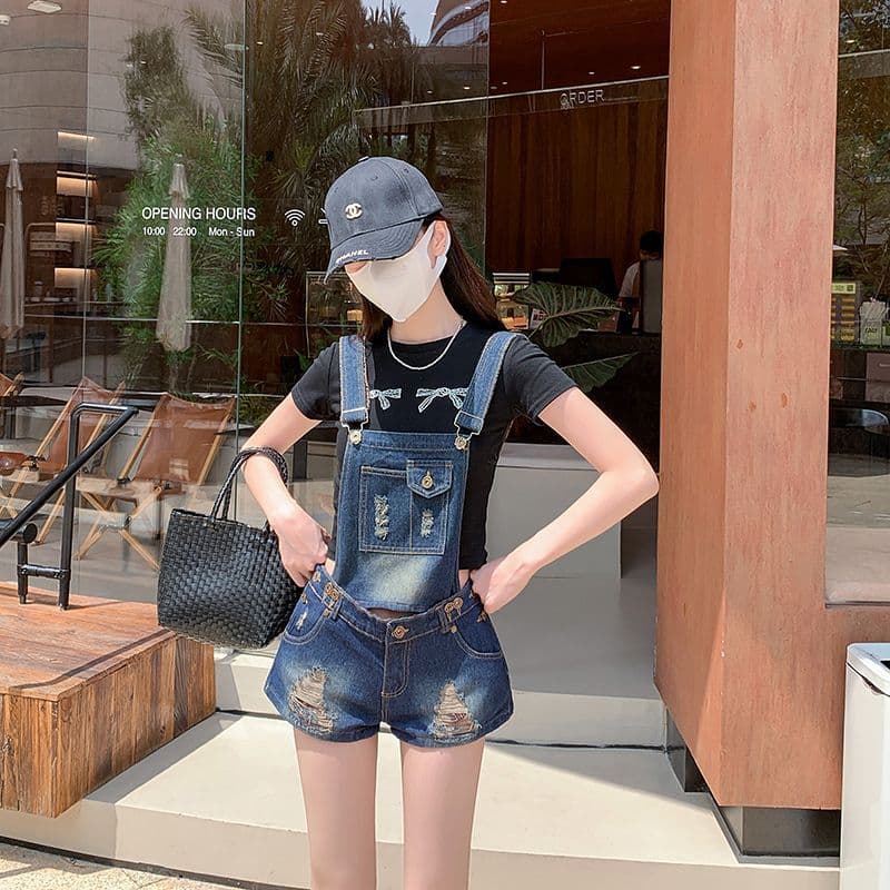 여름 새로운 핫걸 슬림해 보이는 워싱 y2k 데님 멜빵 찢어진 부분 반바지 아메리칸 레트로 찢어진 올인원 바지 상세 이미지 4