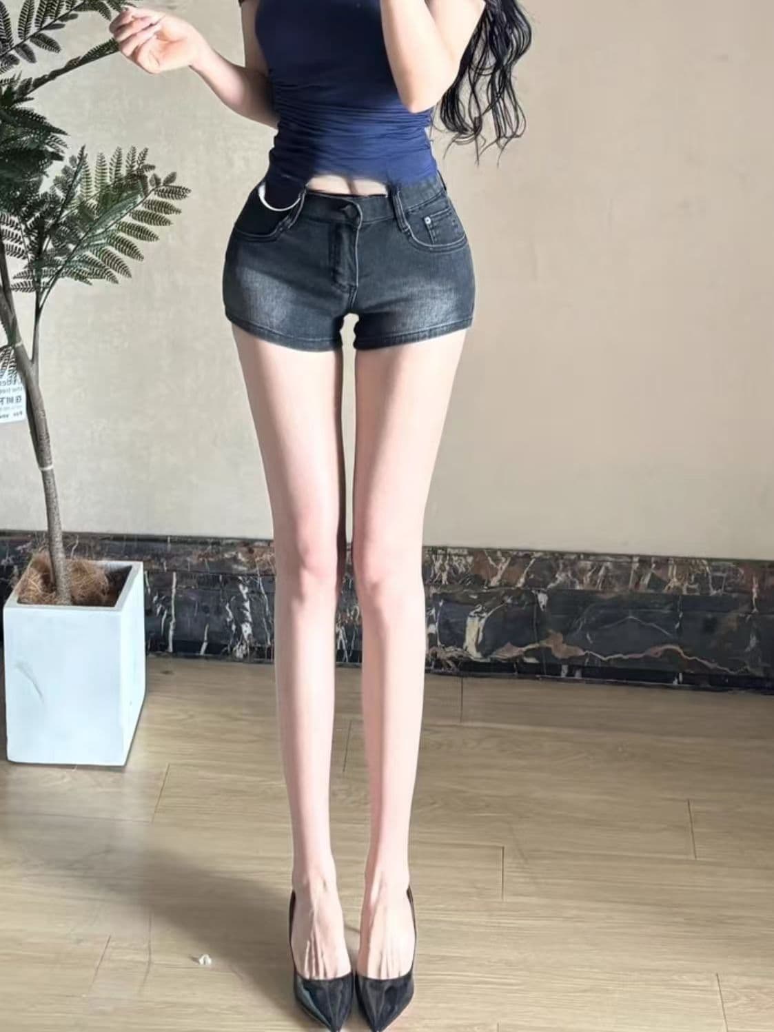 아메리칸 레트로 블랙 회색 데님 반바지 여성 여름 새로운 작은 키 로우 웨이스트 타이트 팬츠 핫걸 타이트 스커트 핫 바지 상세 이미지 9