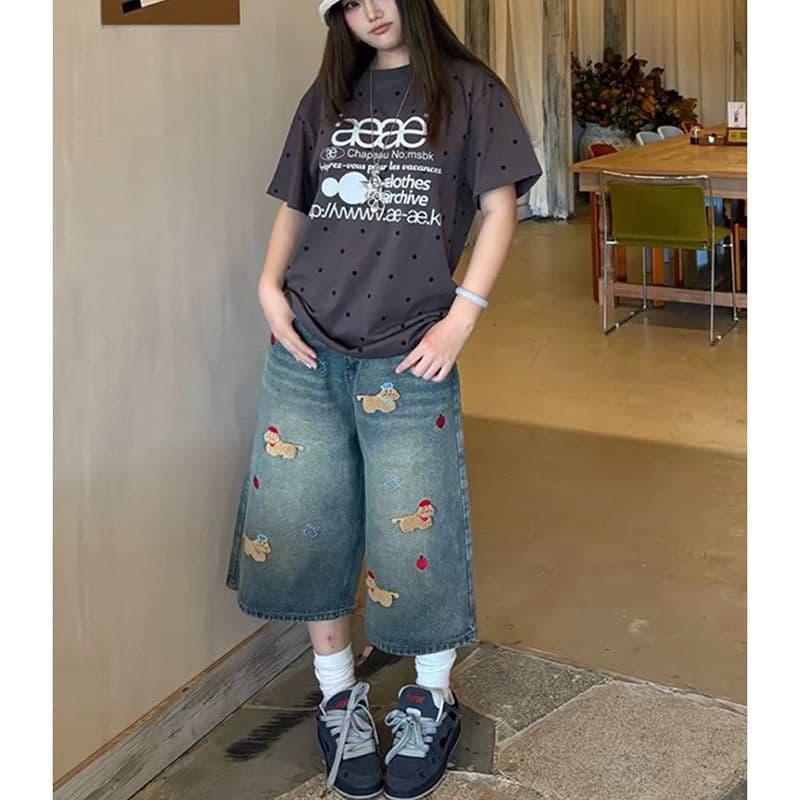 느긋한 바람 재미있는 강아지 자수 7 점 청바지 여성 봄 여름 새로운 패션 작은 대중 스트레이트 데님 7부 바지 이미지 2