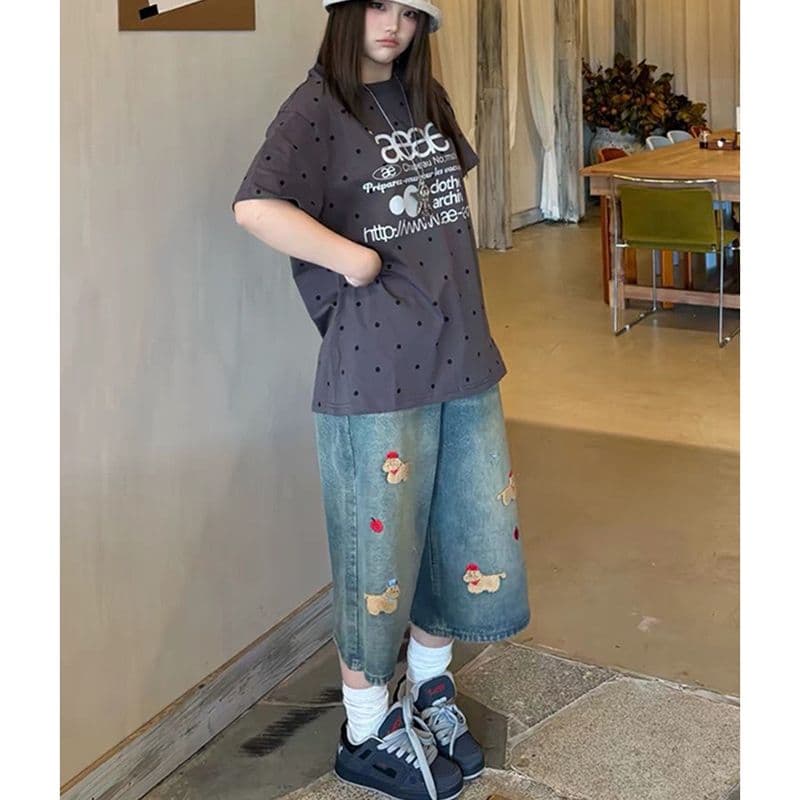 느긋한 바람 재미있는 강아지 자수 7 점 청바지 여성 봄 여름 새로운 패션 작은 대중 스트레이트 데님 7부 바지 이미지 3