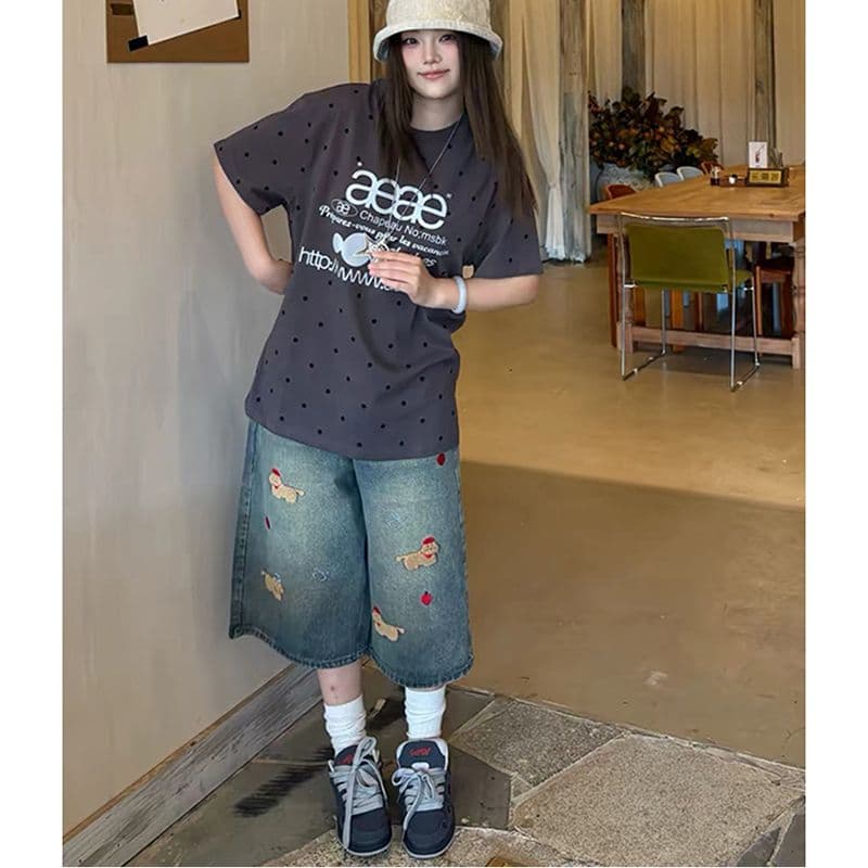 느긋한 바람 재미있는 강아지 자수 7 점 청바지 여성 봄 여름 새로운 패션 작은 대중 스트레이트 데님 7부 바지 이미지 5