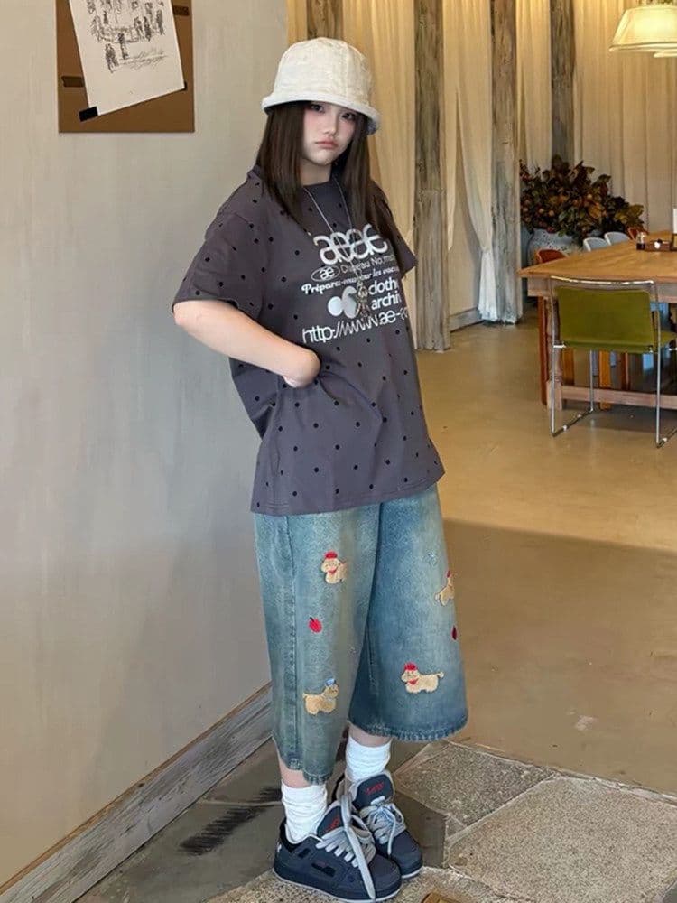 느긋한 바람 재미있는 강아지 자수 7 점 청바지 여성 봄 여름 새로운 패션 작은 대중 스트레이트 데님 7부 바지 상세 이미지 4