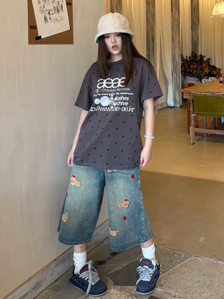느긋한 바람 재미있는 강아지 자수 7 점 청바지 여성 봄 여름 새로운 패션 작은 대중 스트레이트 데님 7부 바지 상세 이미지 5
