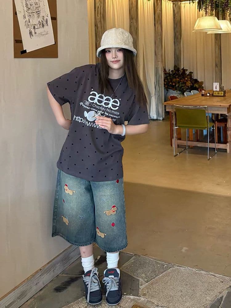 느긋한 바람 재미있는 강아지 자수 7 점 청바지 여성 봄 여름 새로운 패션 작은 대중 스트레이트 데님 7부 바지 상세 이미지 6