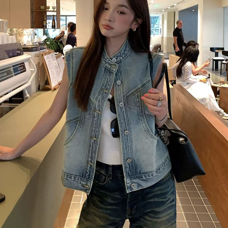 한국 스타일 패션 데님 조끼 여자 세련된 외국 가스 봄 가을 새로운 다용도 어깨 조끼 조끼 외출용 맨위