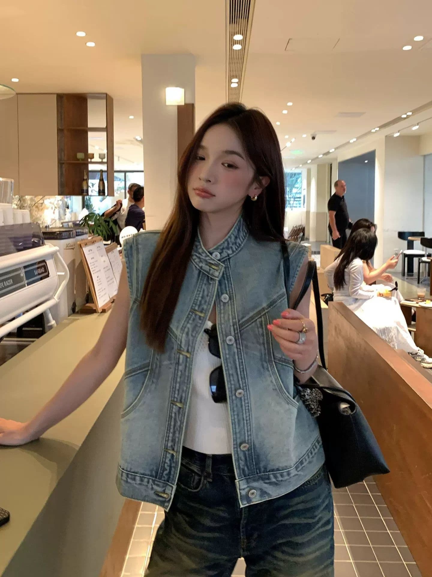 한국 스타일 패션 데님 조끼 여자 세련된 외국 가스 봄 가을 새로운 다용도 어깨 조끼 조끼 외출용 맨위 상세 이미지 2