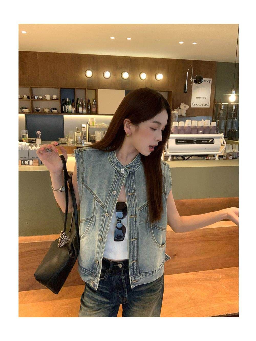 한국 스타일 패션 데님 조끼 여자 세련된 외국 가스 봄 가을 새로운 다용도 어깨 조끼 조끼 외출용 맨위 상세 이미지 5