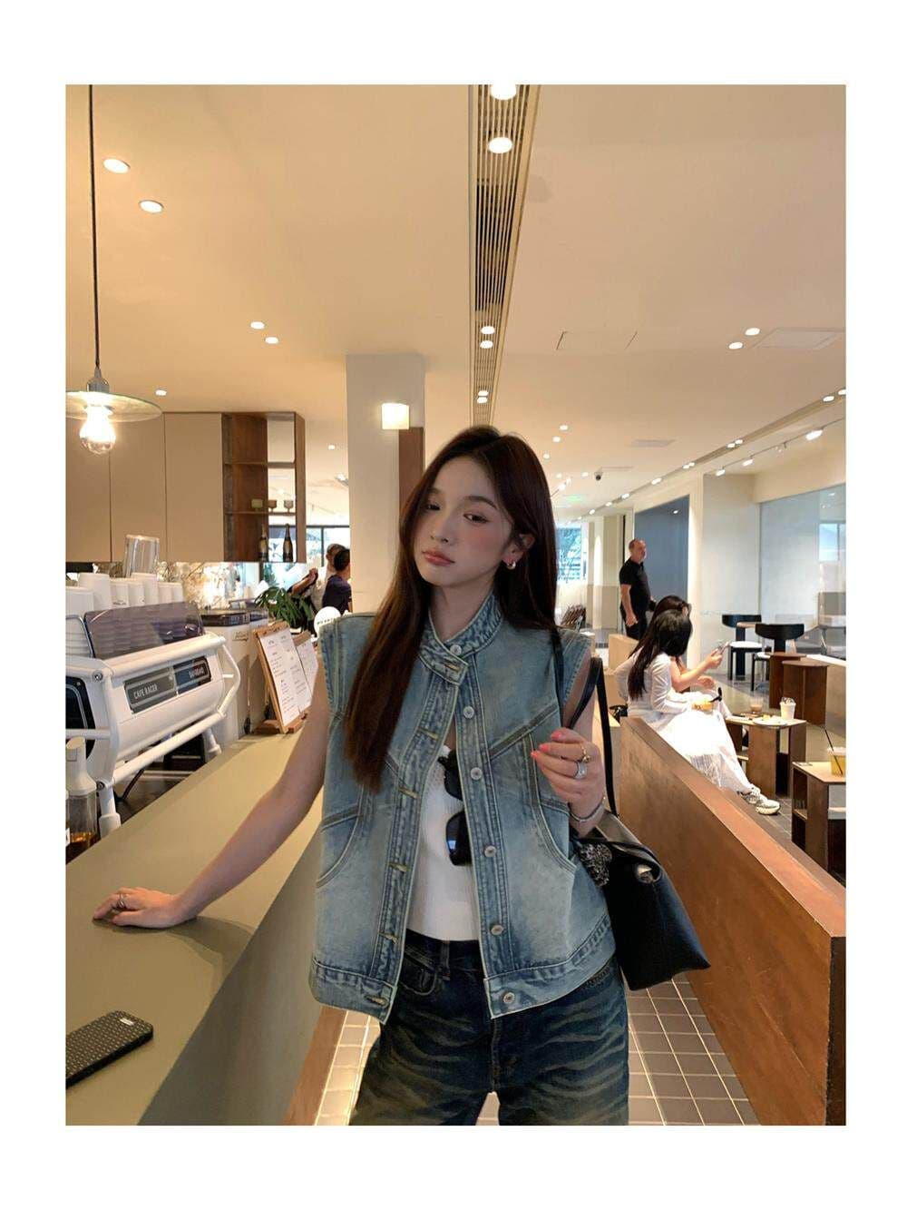 한국 스타일 패션 데님 조끼 여자 세련된 외국 가스 봄 가을 새로운 다용도 어깨 조끼 조끼 외출용 맨위 상세 이미지 11