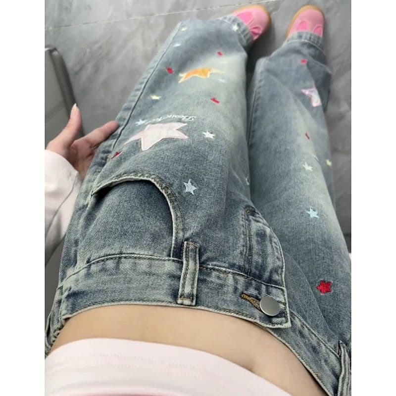 아메리칸 레트로 별 패치 자수 청바지 여성 여름 새로운 루즈핏 디자인 센스 다용도 스트레이트 와이드 레그 팬츠 이미지 5