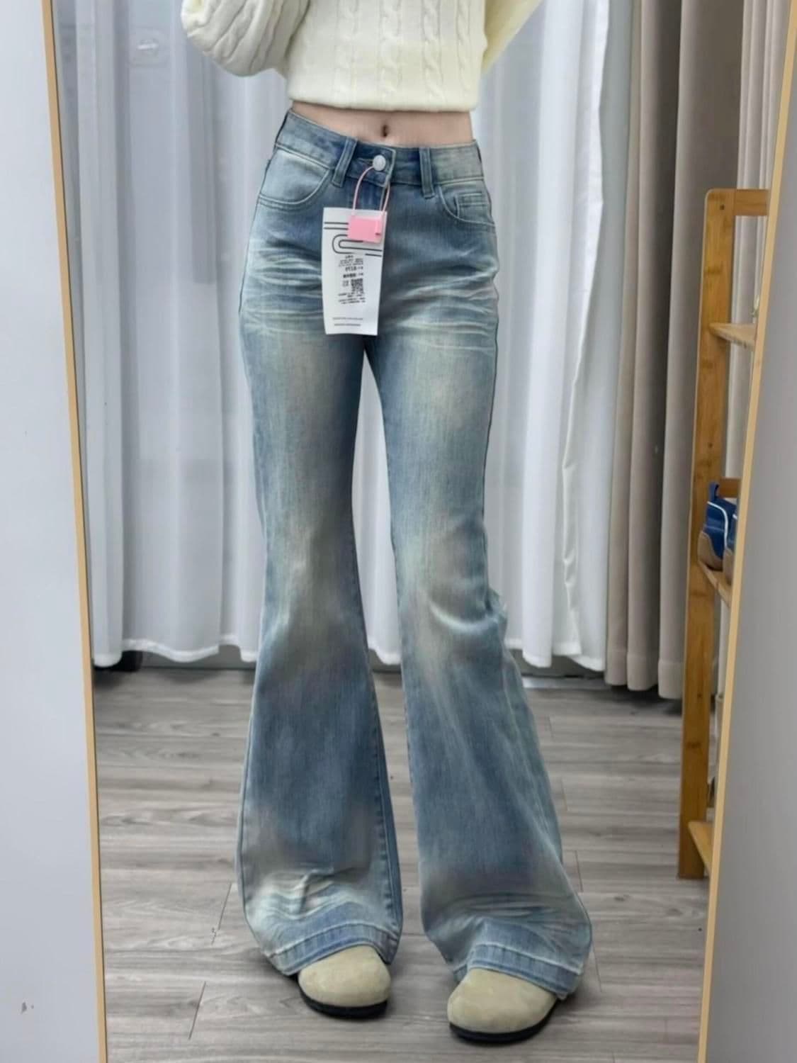 워싱 하늘색 대나무 마디 부츠컷 청바지 여성 여름 새로운 몸매 가꾸기 루즈핏 캐주얼 슬림해 보이는 하이웨이스트 나팔 바지