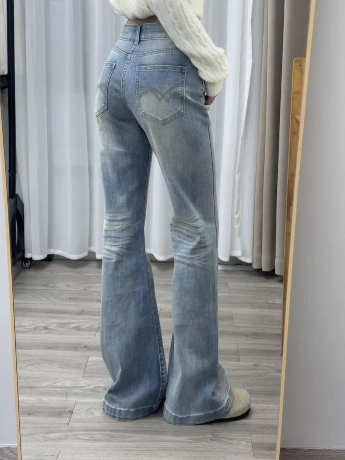 워싱 하늘색 대나무 마디 부츠컷 청바지 여성 여름 새로운 몸매 가꾸기 루즈핏 캐주얼 슬림해 보이는 하이웨이스트 나팔 바지 이미지 2