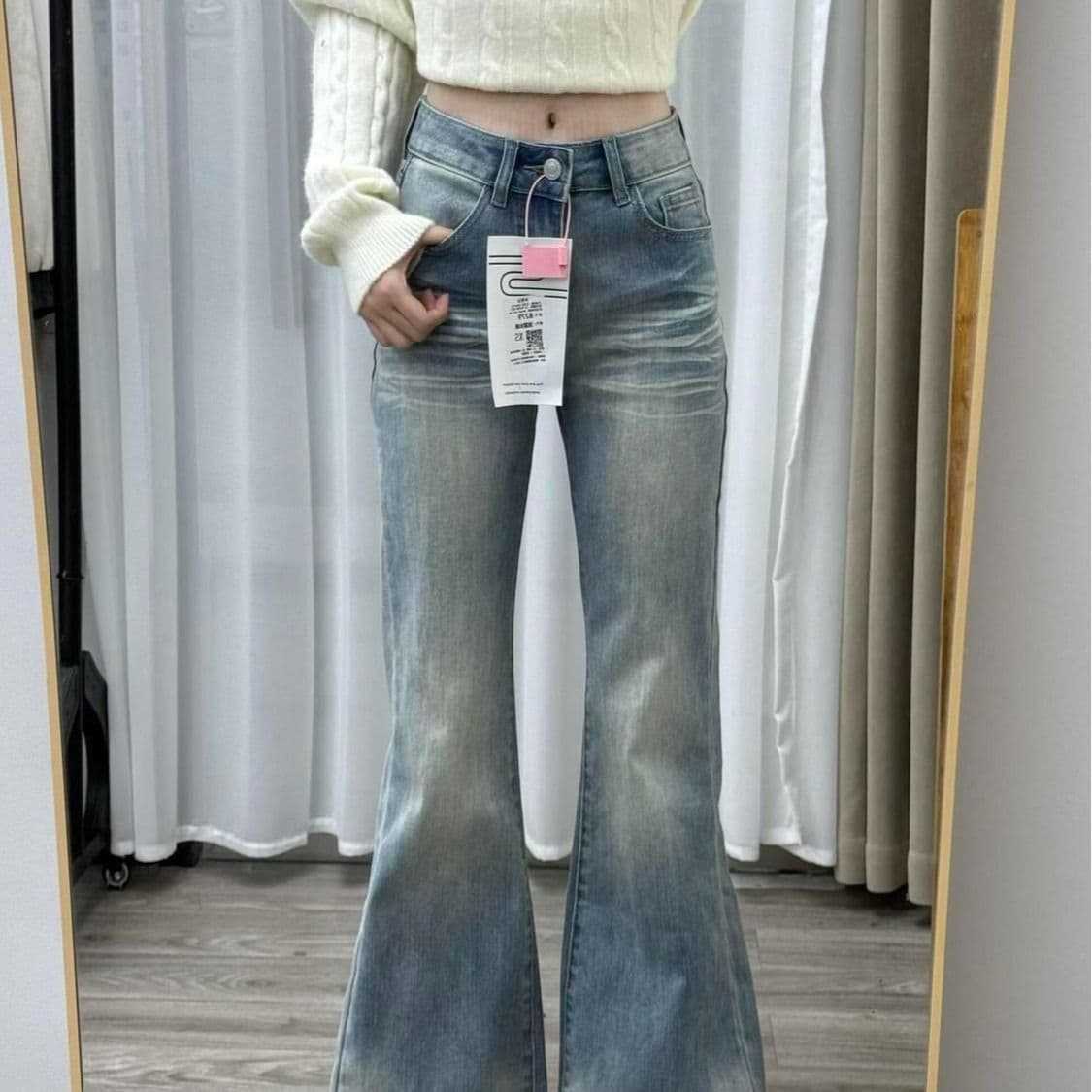 워싱 하늘색 대나무 마디 부츠컷 청바지 여성 여름 새로운 몸매 가꾸기 루즈핏 캐주얼 슬림해 보이는 하이웨이스트 나팔 바지 이미지 3