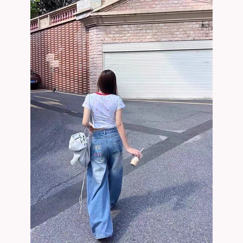 ins 별 자수 넓은 다리 청바지 여성 봄 가을 새로운 루즈핏 한국 스타일 다용도 학원 스타일 바닥 청소 청바지 이미지 2