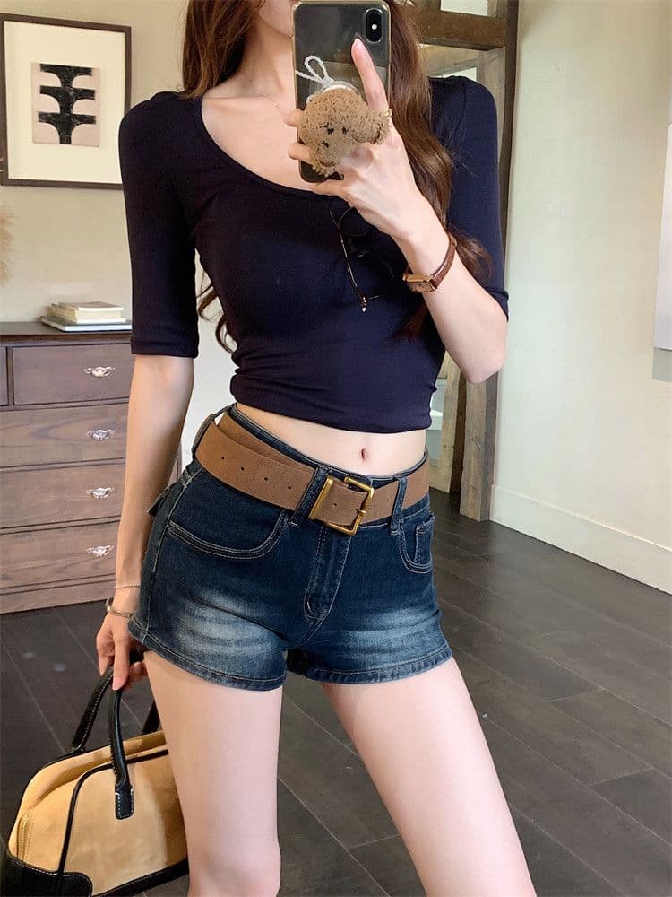 핫걸 캐주얼 출퇴근 더블 버클 스트레이트 데님 반바지 여성 봄 여름 섹션 새로운 하이웨이스트 슬림해 보이는 한 마디 데님 핫 바지 상세 이미지 3