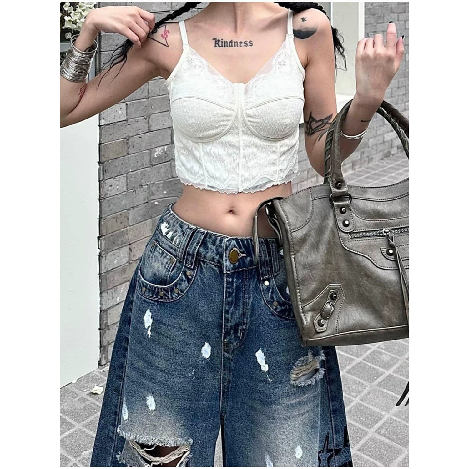 아메리칸 레트로 워싱 먹물 찢어진 부분 청바지 여성 거리 핫걸 개성 알파벳 프린트 루즈핏 긴 바지 이미지 5