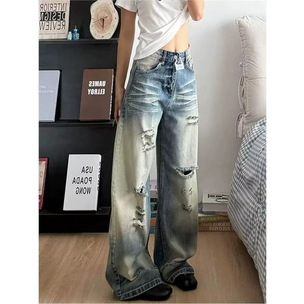 아메리칸 레트로 워싱 먹물 찢어진 부분 청바지 여성 거리 핫걸 개성 알파벳 프린트 루즈핏 긴 바지 이미지 4