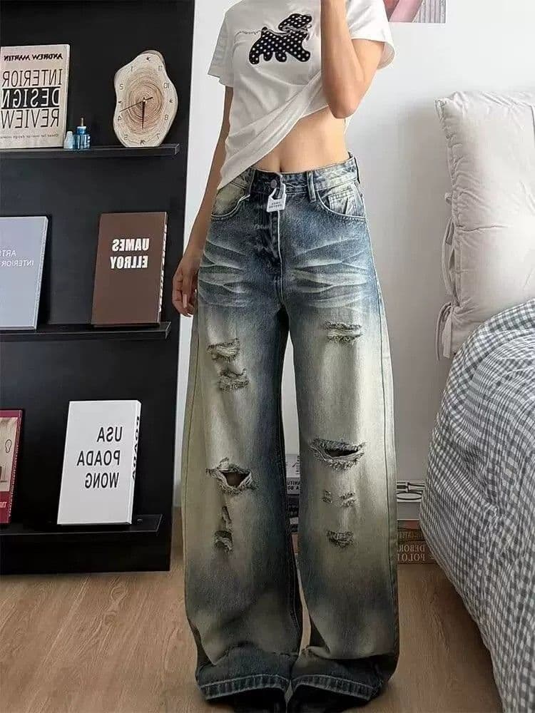아메리칸 레트로 워싱 먹물 찢어진 부분 청바지 여성 거리 핫걸 개성 알파벳 프린트 루즈핏 긴 바지 상세 이미지 1