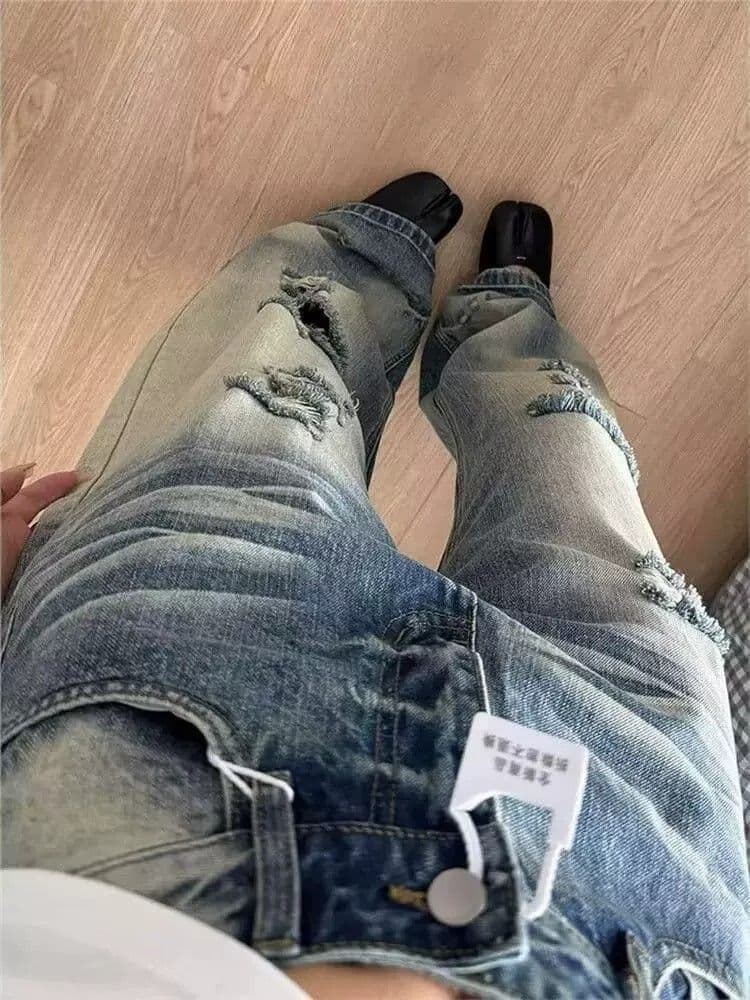 아메리칸 레트로 워싱 먹물 찢어진 부분 청바지 여성 거리 핫걸 개성 알파벳 프린트 루즈핏 긴 바지 상세 이미지 2