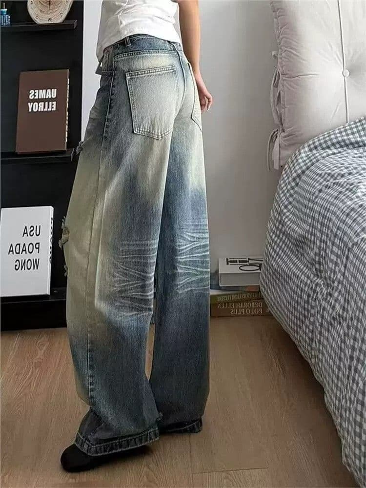 아메리칸 레트로 워싱 먹물 찢어진 부분 청바지 여성 거리 핫걸 개성 알파벳 프린트 루즈핏 긴 바지 상세 이미지 3