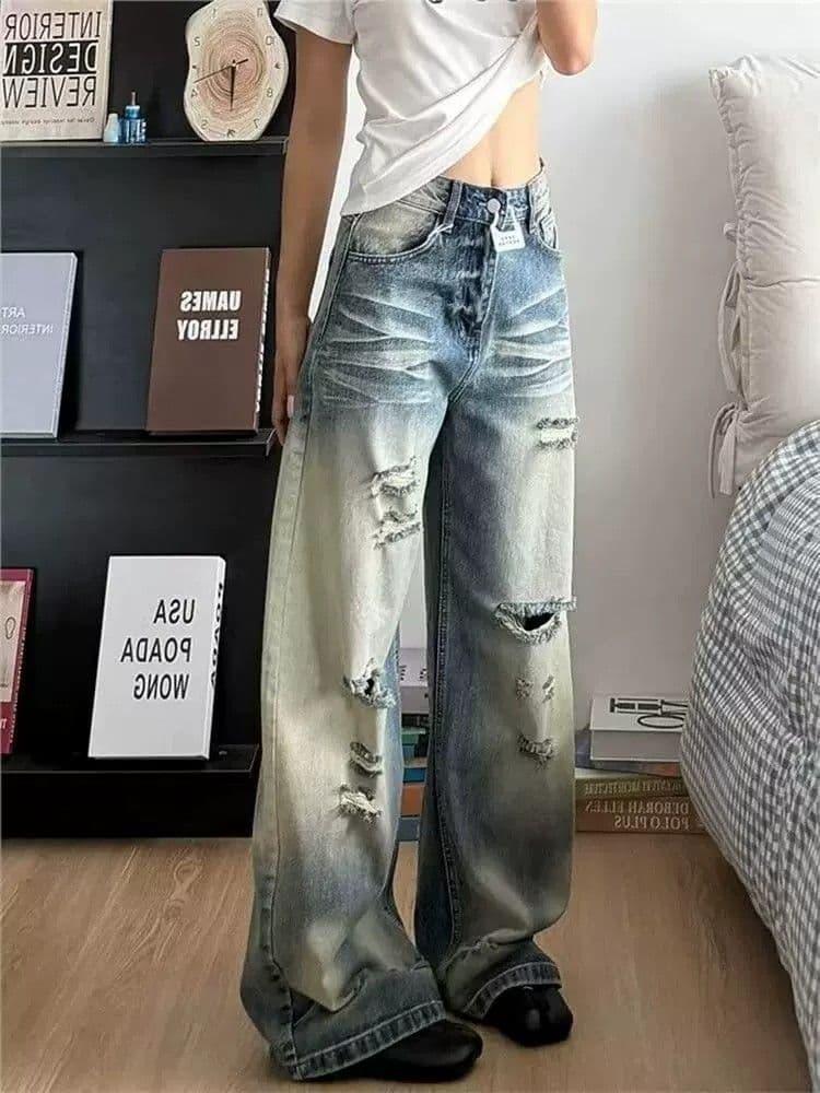 아메리칸 레트로 워싱 먹물 찢어진 부분 청바지 여성 거리 핫걸 개성 알파벳 프린트 루즈핏 긴 바지 상세 이미지 4