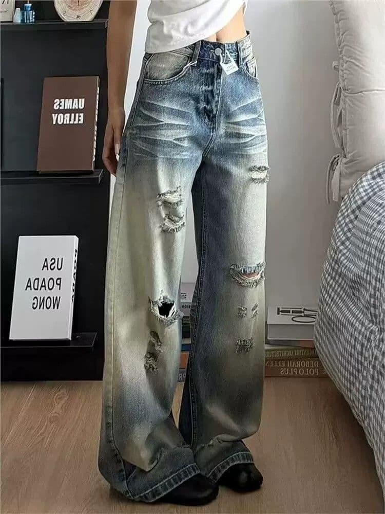 아메리칸 레트로 워싱 먹물 찢어진 부분 청바지 여성 거리 핫걸 개성 알파벳 프린트 루즈핏 긴 바지 상세 이미지 5
