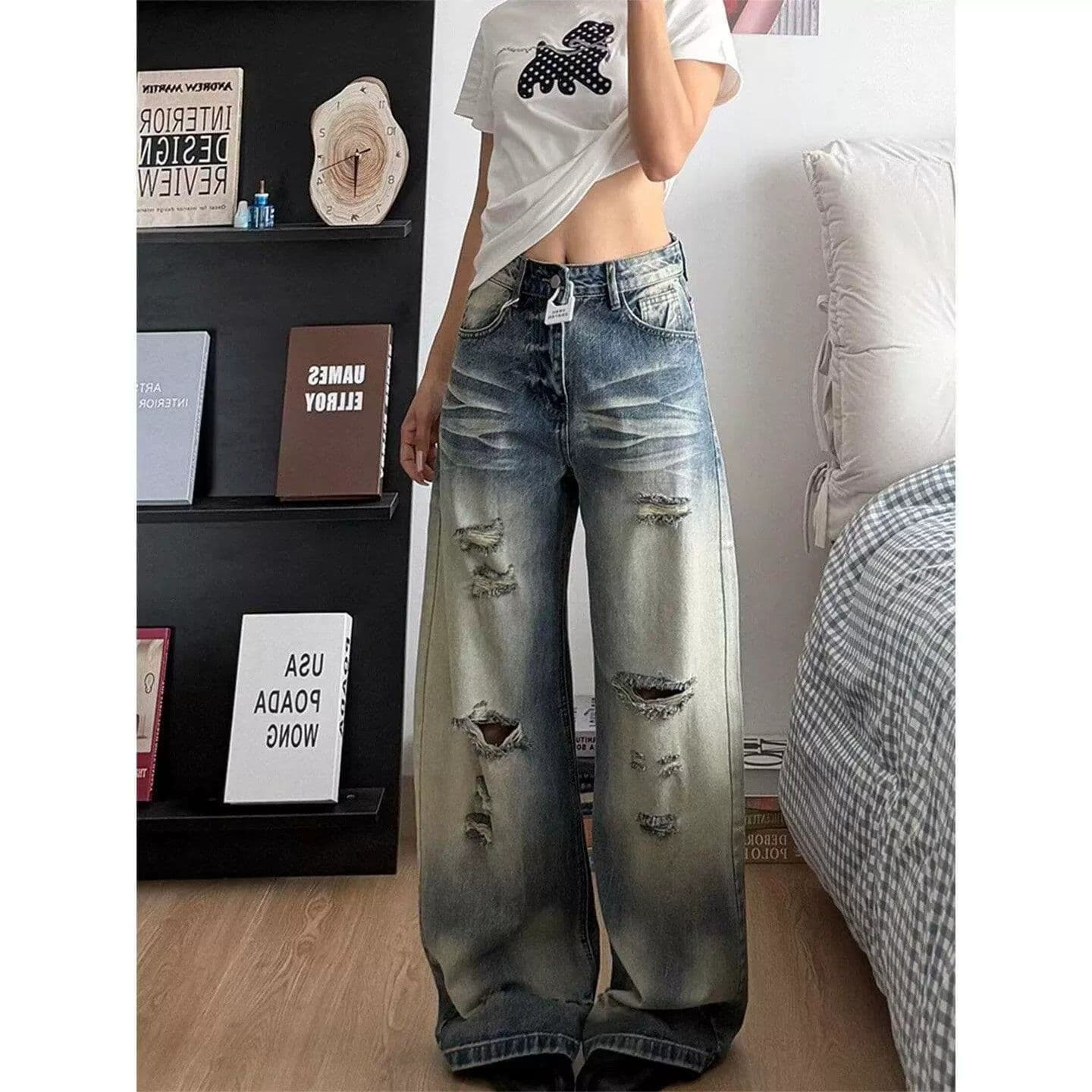 아메리칸 레트로 워싱 먹물 찢어진 부분 청바지 여성 거리 핫걸 개성 알파벳 프린트 루즈핏 긴 바지 상세 이미지 6