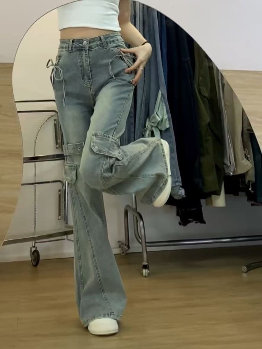 2026 봄 여름 새로운 레트로 좁은 에디션 나비 매듭 마이크로 나팔 청바지 여성 핫걸 슬림해 보이는 호스 슈 바지 이미지 2