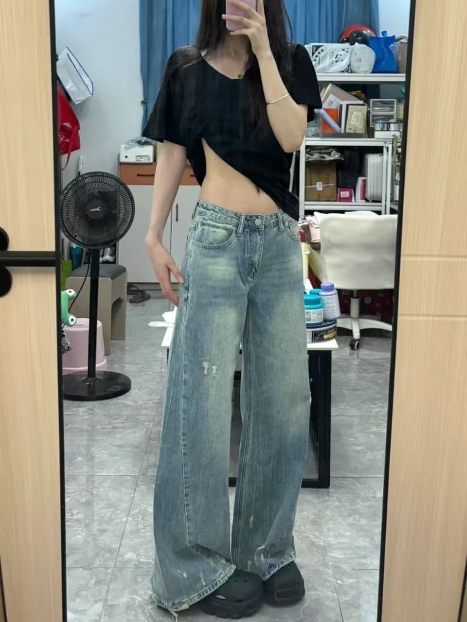 레트로 찢어진 부분 모통이 칼 워크웨어 청바지 여성 2026 가을 하이웨이스트 나팔 루즈핏 넓은 다리 낫 벽오동 바지 상세 이미지 1