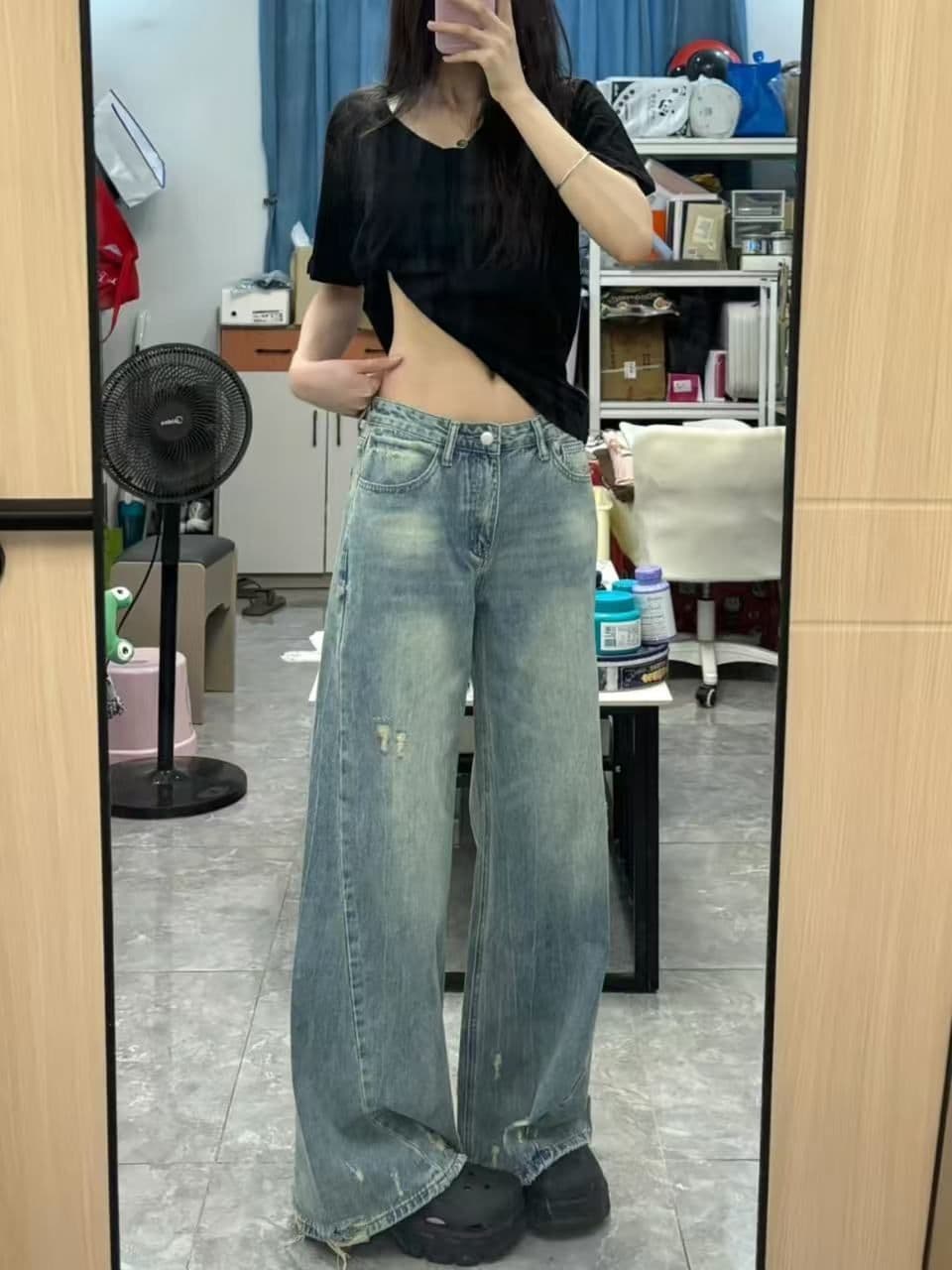 레트로 찢어진 부분 모통이 칼 워크웨어 청바지 여성 2026 가을 하이웨이스트 나팔 루즈핏 넓은 다리 낫 벽오동 바지 상세 이미지 2