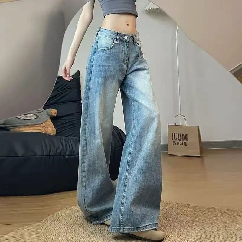 빅 사이즈 아메리칸 레트로 대나무 마디 곡물 워싱 모통이 칼 청바지 여성 디자인 센스 루즈핏 하이웨이스트 넓은 다리 바닥 청소 긴 바지 이미지 4