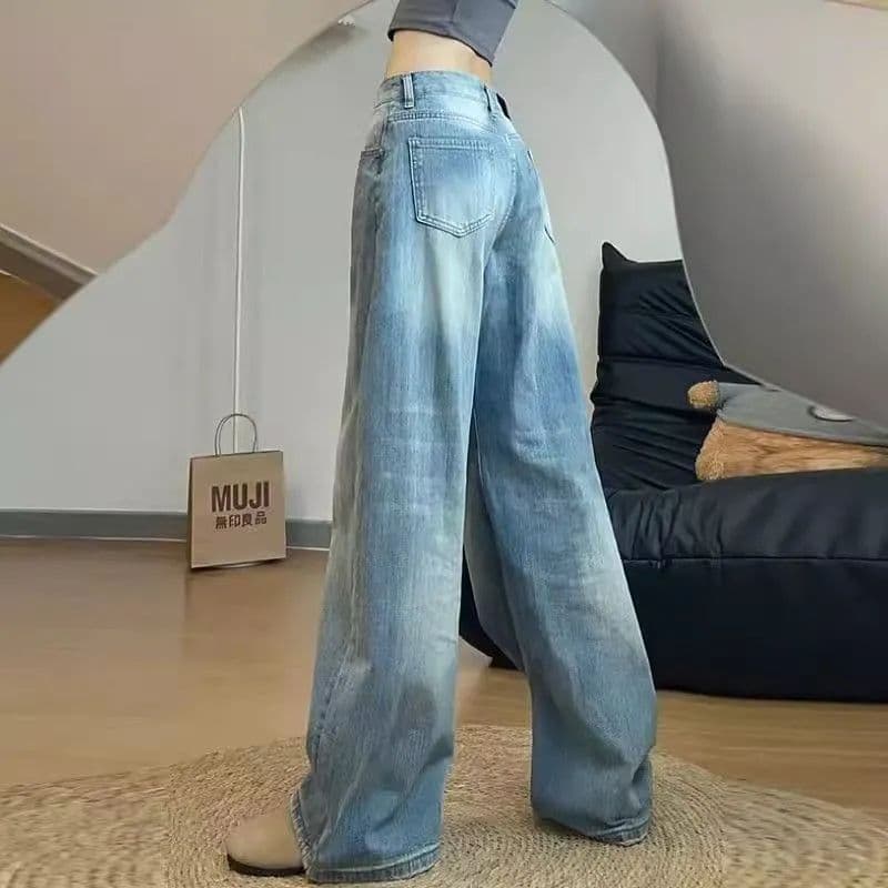빅 사이즈 아메리칸 레트로 대나무 마디 곡물 워싱 모통이 칼 청바지 여성 디자인 센스 루즈핏 하이웨이스트 넓은 다리 바닥 청소 긴 바지 이미지 3