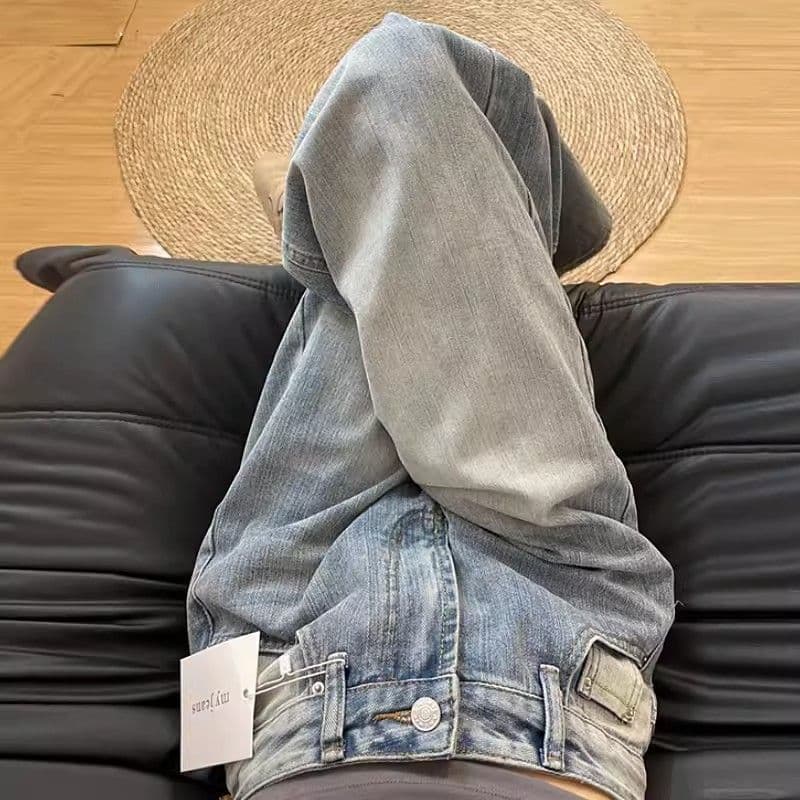 빅 사이즈 아메리칸 레트로 대나무 마디 곡물 워싱 모통이 칼 청바지 여성 디자인 센스 루즈핏 하이웨이스트 넓은 다리 바닥 청소 긴 바지 이미지 2
