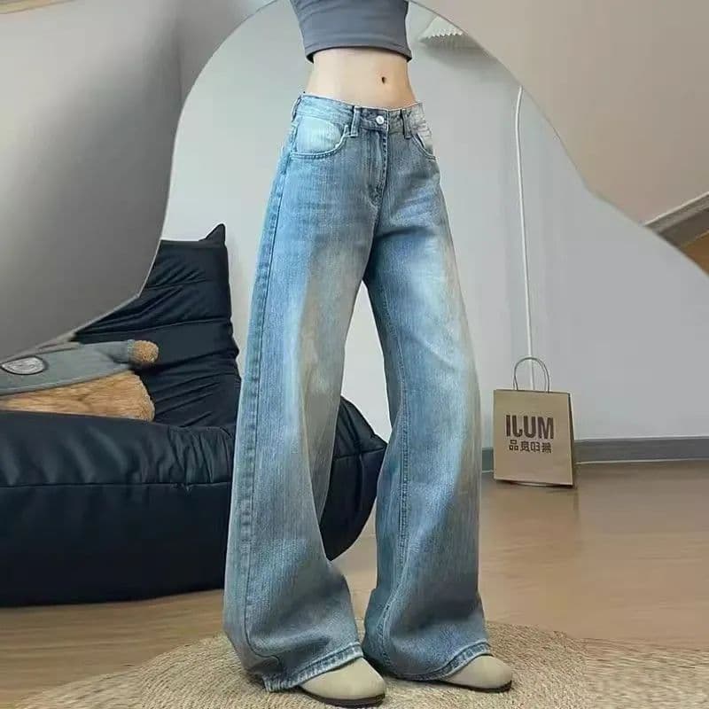 빅 사이즈 아메리칸 레트로 대나무 마디 곡물 워싱 모통이 칼 청바지 여성 디자인 센스 루즈핏 하이웨이스트 넓은 다리 바닥 청소 긴 바지 상세 이미지 1