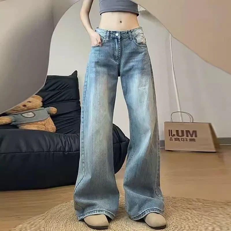 빅 사이즈 아메리칸 레트로 대나무 마디 곡물 워싱 모통이 칼 청바지 여성 디자인 센스 루즈핏 하이웨이스트 넓은 다리 바닥 청소 긴 바지 상세 이미지 4