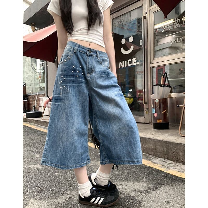 개성 트렌드 폭발 데님 7부 바지 여성 봄 여름 새로운 워싱 디스플레이 높음 다용도 루즈핏 넓은 다리 청바지 이미지 5