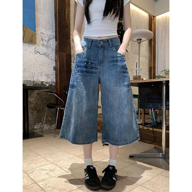 개성 트렌드 폭발 데님 7부 바지 여성 봄 여름 새로운 워싱 디스플레이 높음 다용도 루즈핏 넓은 다리 청바지