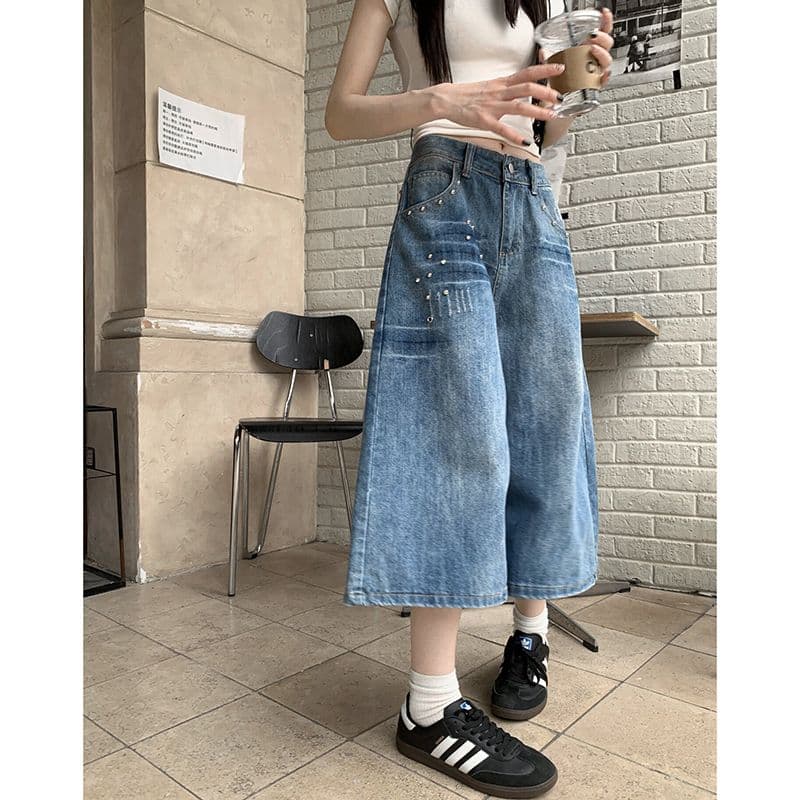 개성 트렌드 폭발 데님 7부 바지 여성 봄 여름 새로운 워싱 디스플레이 높음 다용도 루즈핏 넓은 다리 청바지 이미지 2