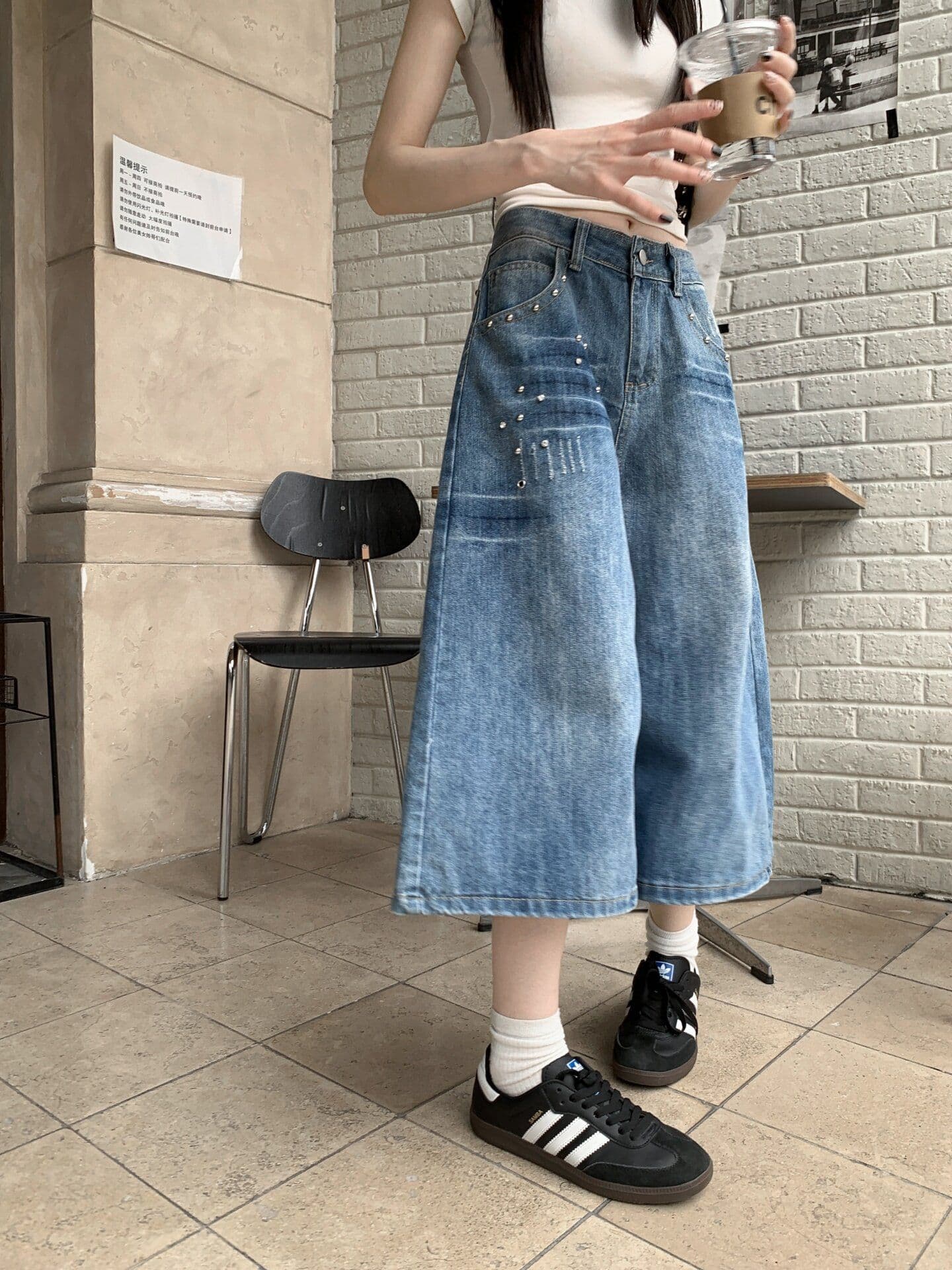 개성 트렌드 폭발 데님 7부 바지 여성 봄 여름 새로운 워싱 디스플레이 높음 다용도 루즈핏 넓은 다리 청바지 상세 이미지 7