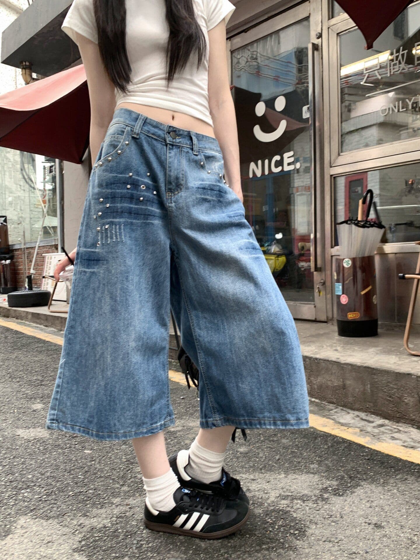 개성 트렌드 폭발 데님 7부 바지 여성 봄 여름 새로운 워싱 디스플레이 높음 다용도 루즈핏 넓은 다리 청바지 상세 이미지 16